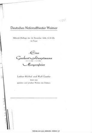 Eine Gerhart Hauptmann [...] Morgenfeier