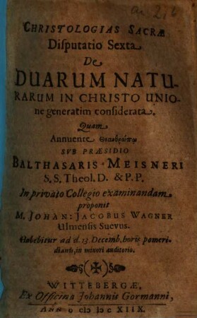 De Duarum Naturarum In Christo Unione generatim considerata
