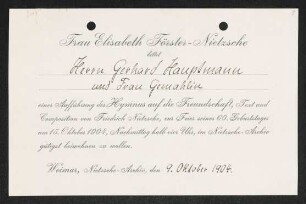 Brief von Elisabeth Förster-Nietzsche von Nietzsche-Archiv  an Gerhart Hauptmann und Margarete Hauptmann