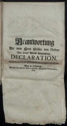 Beantwortung Der vom Herrn Grafen von Dohna Vor seiner Abreise vorgelesenen Declaration