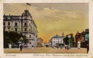 Postkartenalbum mit Motiven von Karlsruhe. "Karlsruhe. Blick vom Hotel Germania nach dem Marktplatz". Ettlinger Tor-Platz, Hotel Germania, Malsch-Brunnen