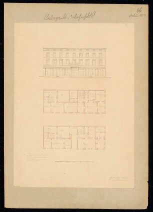 Bürgerliches Wohnhaus Monatskonkurrenz Februar 1837: Grundriss Erdgeschoss, Obergeschoss, Aufriss Straßenansicht; Maßstabsleiste, Erläuterungstext