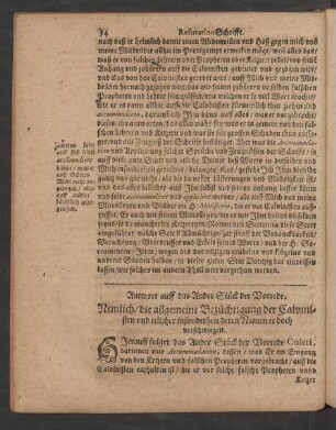 Antwort auff das Ander Stück der Vorrede. Nemlich/ die allgemeine Bezüchtigung der Calvinisten ...