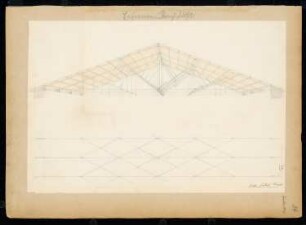 Eiserner Dachträger Monatskonkurrenz Januar 1847: Grundriss, perspektivische Ansicht; Maßstabsleiste. Erläuterungstext (über vier Seiten) in beigefügtem Heft