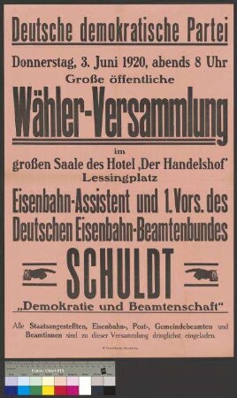 Plakat zu einer Wahlversammlung der DDP am 3. Juni 1920 in Braunschweig