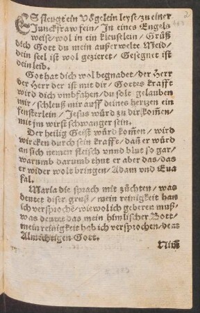 ES fleugt ein Vögelein leyse/ zu einer || Junckfraw fein/