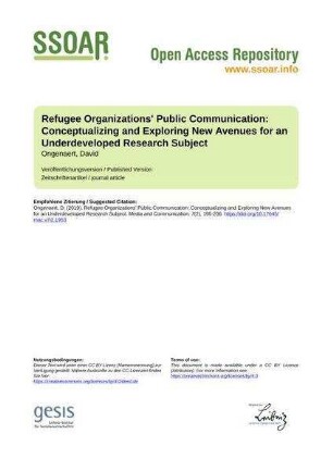Refugee Organizations' Public Communication: Conceptualizing and Exploring New Avenues for an Underdeveloped Research Subject