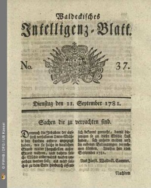 No. 37, Dienstag den 11. September 1781