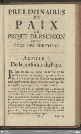 Preliminaires De Paix Ou Projet De Reunion Entre Tous Les Chretiens