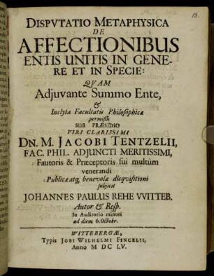 Disputatio Metaphysica De Affectionibus Entis Unitis In Genere Et In Specie