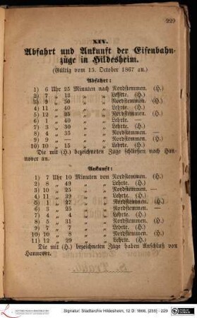 XIV. Abfahrt und Ankunft der Eisenbahnzüge in Hildesheim.