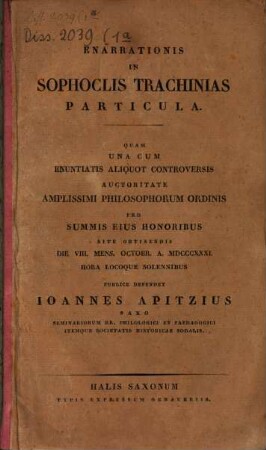 Enarrationis in Sophoclis Trachinias Particula