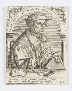 Conradus Pelicanus Theologus Tigurinus, aus: Jean-Jaques Boissard, "Icones quinquaginta virorum illustrium doctrina & eruditione praestantium ad vivum effictae", Frankfurt am Main 1597–1599