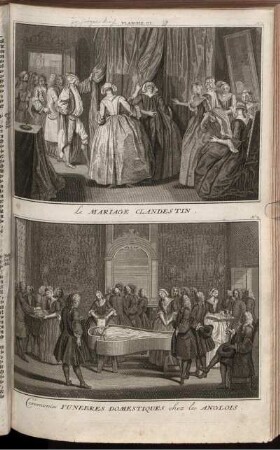 Planche. III. : N. 1. Le Mariage Clandestin ; N. 2. Ceremonies Funebres Domestiques chez les Anglois