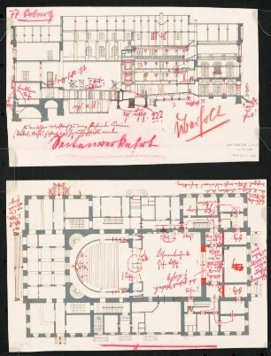 Herzogliches Hoftheater, Coburg: Grundriss und Längsschnitt