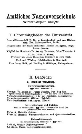Amtliches Namenverzeichnis Winterhalbjahr 1926/27.