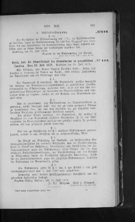No. 113 Gesetz, betr. die Steuerfreiheit des Branntweins zu gewerblichen Zwecken. Vom 19. Juli 1879.