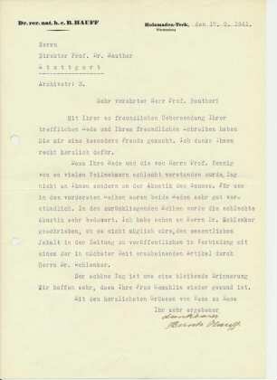 Schreiben Bernhard Hauff senior an Dr. Rauther