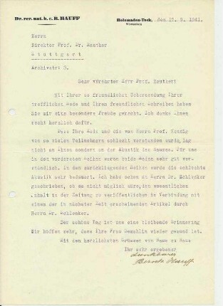 Schreiben Bernhard Hauff senior an Dr. Rauther