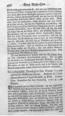 Encyclopaedia theologica sive primae lineae universae doctrinae sacrae.