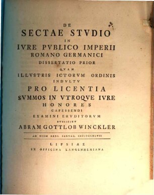 De Sectae Stvdio In Ivre Pvblico Imperii Romano Germanici Dissertatio .... Dissertatio Prior