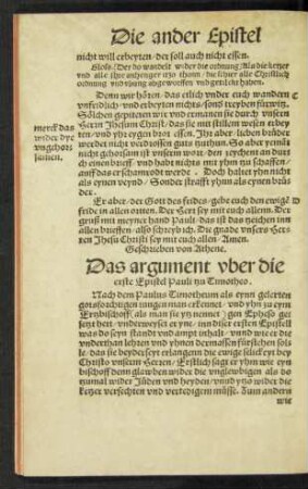 Das argument uber die erste Epistel Pali tzu Timotheo.