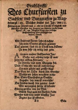 Grabschrifft Des Durchlauchtigsten, Hochgebornen Fürsten vnnd Herrn, Herrn Augusti, Hertzog zu Sachssen, ...