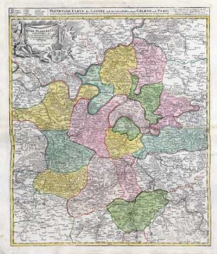 Agri Parisiensis tabula particularis, qua maxima pars insulae Franciae, seu regiae, celeberrimaeq. Parisiorum Urbis vicina regio in suas castellanias accurata divisa exhibetur