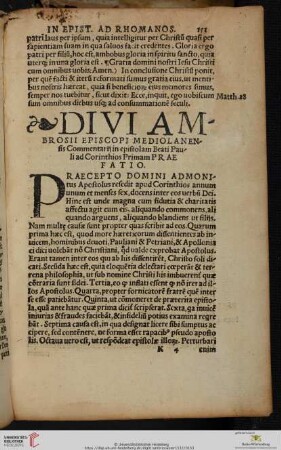 Divi Ambrosii Episcopi Mediolanensis Commentarij in epistolam Beati Pauli ad Corinthios Primam
