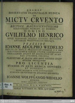 Dissertatio Inauguralis Medica De Mictu Cruento