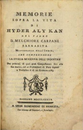 Memorie sopra la vita di Hyder Aly Kan