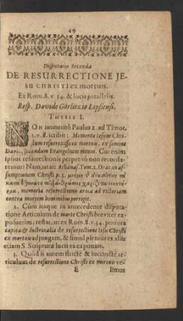 Disputatio Secunda De Resurrectione Jesu Christi ex mortuis.