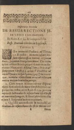Disputatio Secunda De Resurrectione Jesu Christi ex mortuis.
