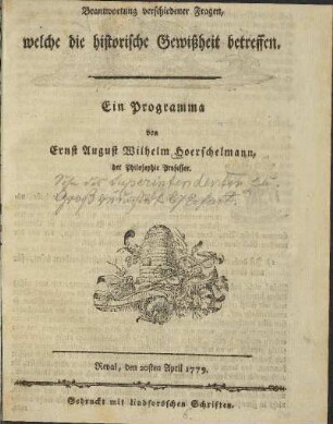 Beantwortung verschiedener Fragen, welche die historische Gewißheit betreffen