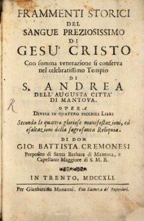 Frammenti storici del Sangue ... di Gesu-Cristo