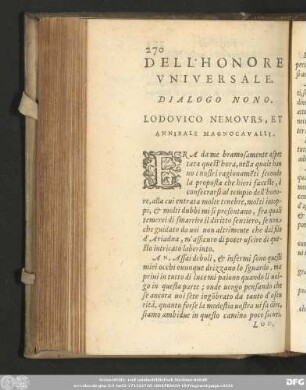 Dell'Honore Vniversale. Dialogo Nono. Lodovico Nemours, Et Annibale Magnocavalli.