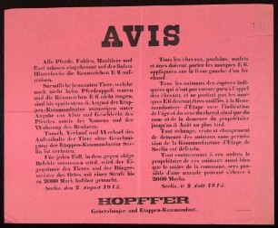 "Avis." Kennzeichnungspflicht und andere Bestimmungen über Pferde, Maultiere und Esel