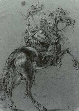 Reitender Soldat auf steigendem Pferd