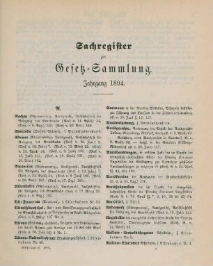 Sachregister zur Gesetz-Sammlung. Jahrgang 1894