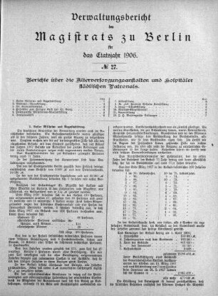 No. 27. Bericht über die Altersversorgungsanstalten und Hospitäler städtischen Patronats