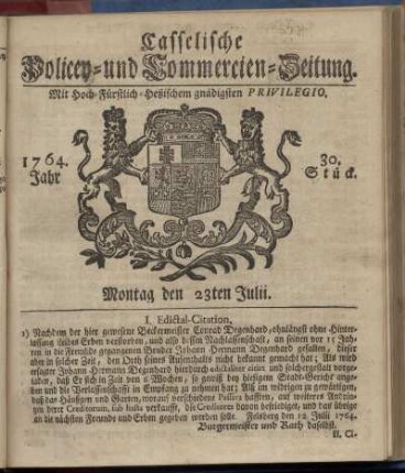 30. Stueck, Montag den 23ten Julii 1764