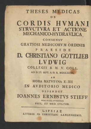 Theses Medicas De Cordis Hvmani Strvctvra Et Actione Mechanico-Hydravlica