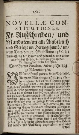 I. [ - ] III. Novellæ Constitutiones. Fr. Außschreiben/ und Mandaten/an alle Ambtleuth und Gericht im Herßogthumb/ unterm Dato den 21. Mai/Anno 1586. ...