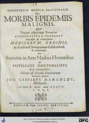 Dissertatio Medica Inauguralis De Morbis Epidemiis Malignis