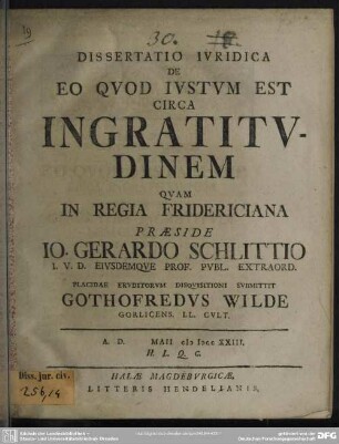 Dissertatio Iuridica De Eo Quod Iustum Est Circa Ingratitudinem