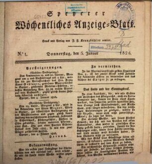 Speyerer wöchentliches Anzeige-Blatt. 1826