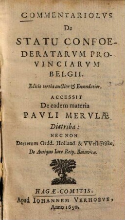 Commentariolus De Statu Confoederatarum Provinciarum Belgii