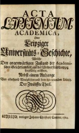 Der Zwölffte Theil: Acta Lipsiensium academica