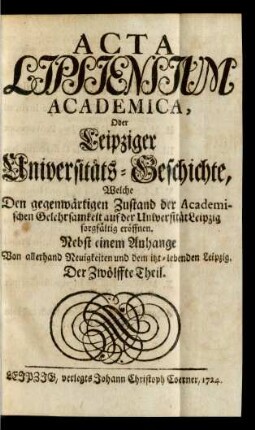 Der Zwölffte Theil: Acta Lipsiensium academica