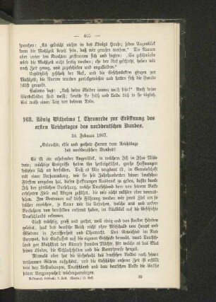 168. König Wilhelms I. Thronrede zur Eröffnung des ersten Reichstages des norddeutschen Bundes.
